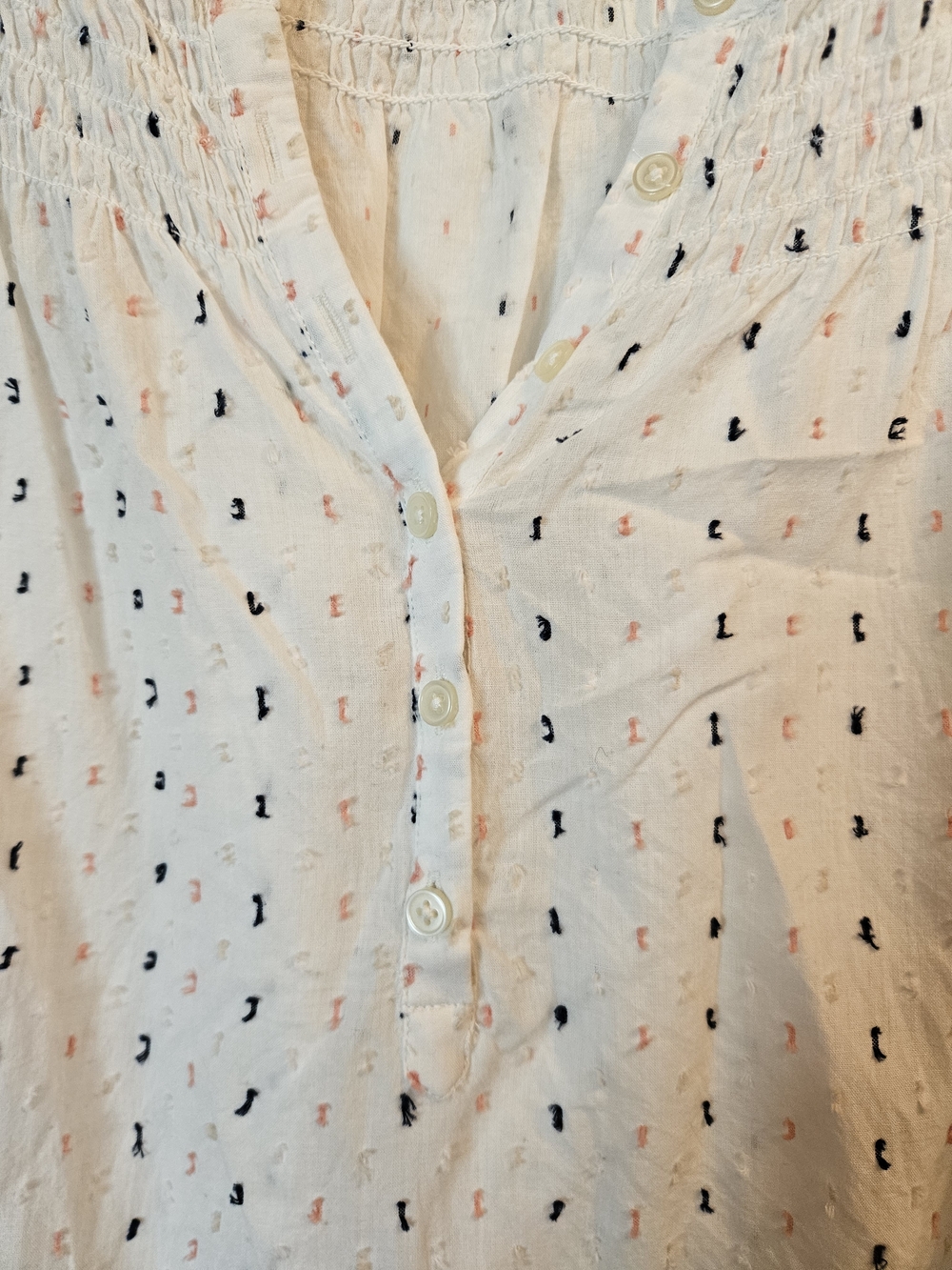 LOFT White Button-Front Blouse with Navy and Coral Embroidery